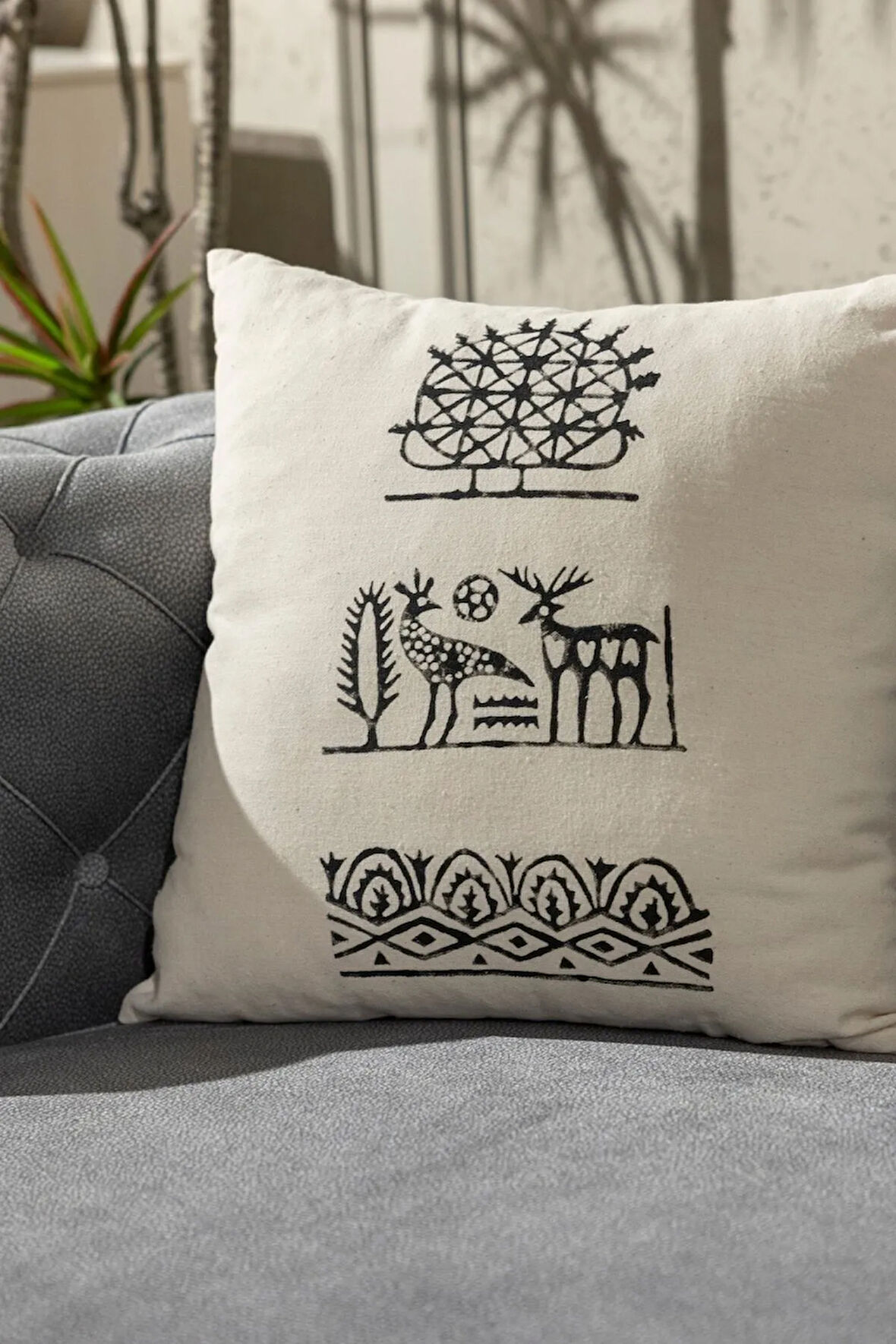 Hitit Desen El Baskısı Kırlent Kılıfı 2 Li Set 45x45 Cm %100 Organik Hambez Kumaş