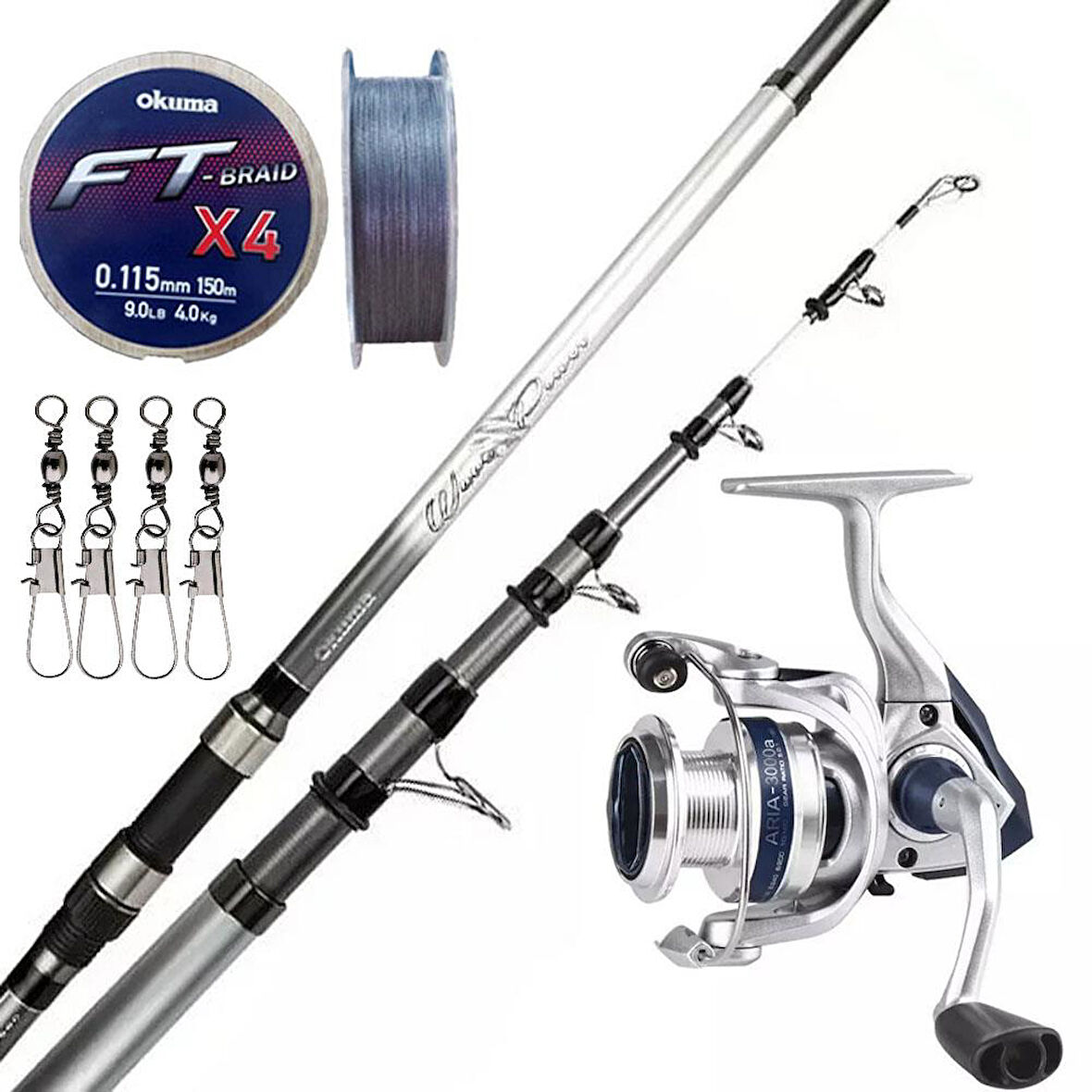 YekOudoor Surf Kamışı Olta Seti Okuma Wave Power Tele Surf 3.90 cm 100-200 gr 5 Parça Surf Kamışı&Okuma ARIA-8000a Painting Silver 1BB Olta Makinesi