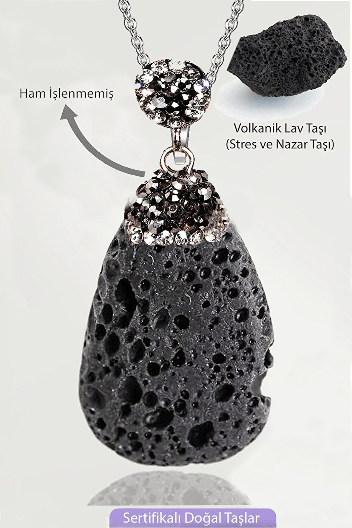 Sertifikalı Zirkon Taşlı Model Ham İşlenmemiş Volkanik Lav Taşı Kolye