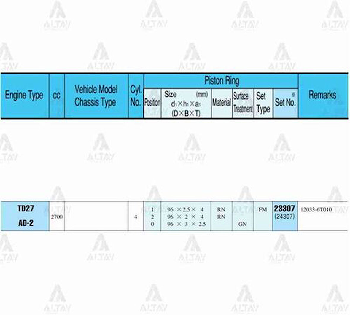 Riken 23307-STD Segman Pickup 97-02 96mm Td27 STD Takım 23307STD