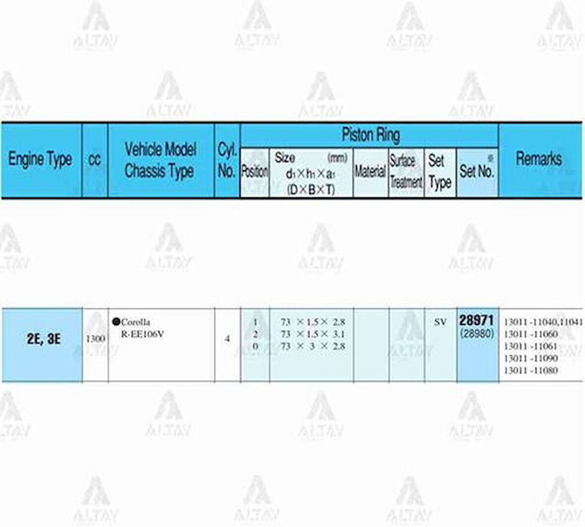 Riken 28971-050 Segman Corolla 88-98 1.3 73mm 2E Karbüratörlü 0.50 Takım 28971050