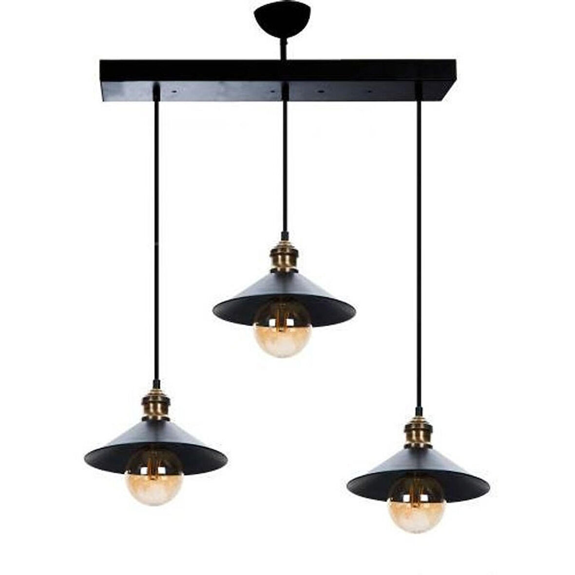 RIOLIGHT RETRO ÜÇLÜ METAL AVİZE TABAN UZUNLUĞU: 60CM ŞAPKA ÇAPI: 22CM