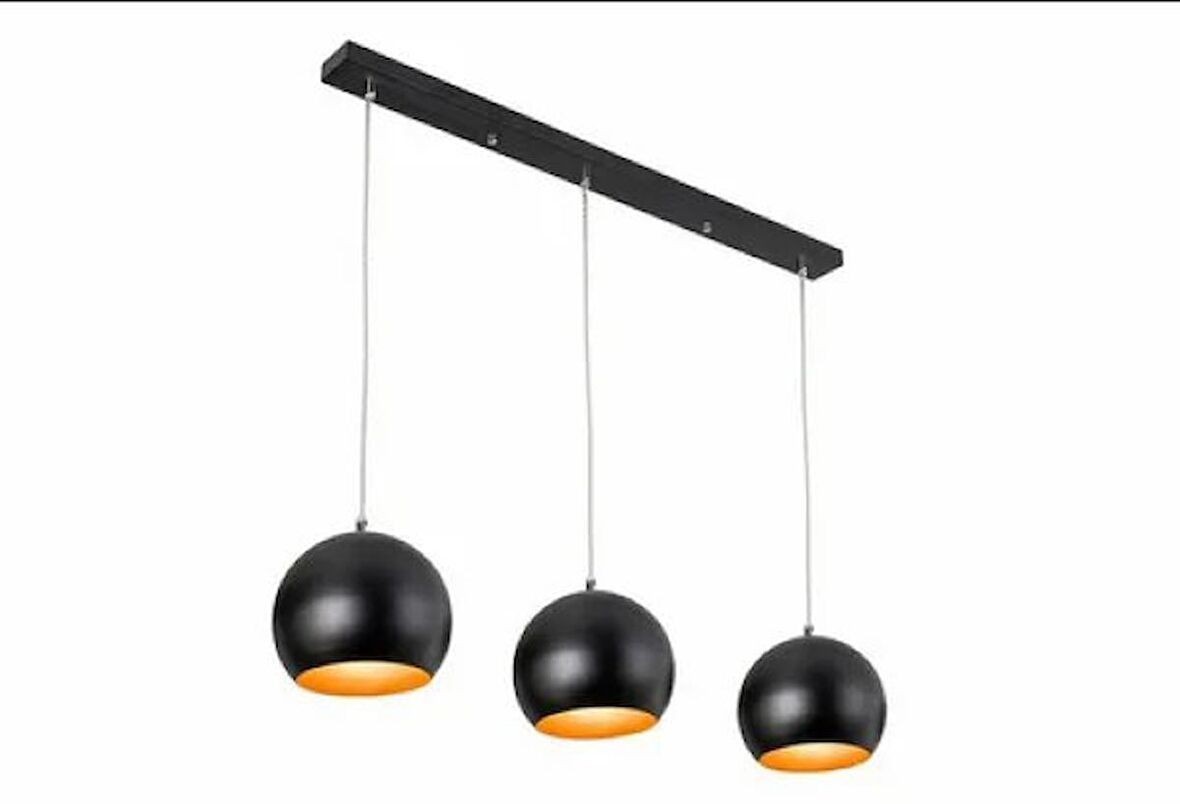 RİOLİGHT RETRO RUSTİK SİYAH İÇİ GOLD KÜRE 3XE27 DUY MASA ÜSTÜ SARKIT METAL AVİZE TABAN UZUNLUĞU:60CM