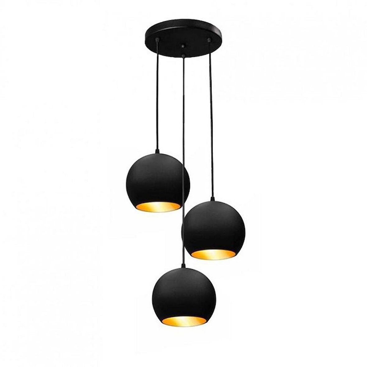 RİOLİGHT RETRO RUSTİK SİYAH İÇİ GOLD GLOP 3XE27 DUYLU METAL SARKIT AVİZE TABAN ÇAPI:30CM