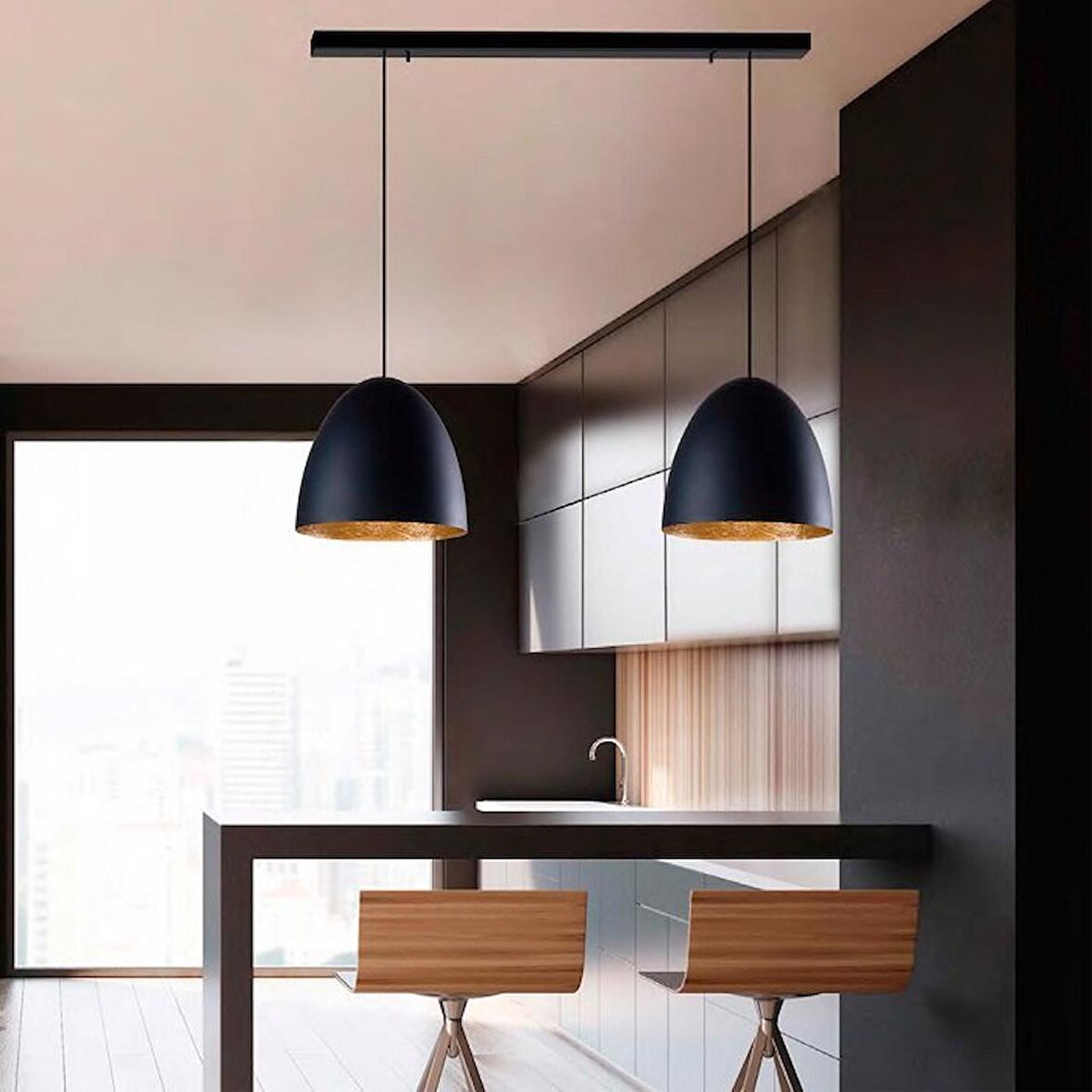 RİOLİGHT RETRO RUSTİK SİYAH İÇİ GOLD MASA ÜSTÜ, BAR ÜSTÜ METAL SARKIT AVİZE TABAN UZUNLUĞU:60CM