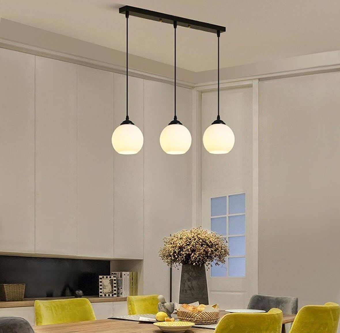RİOLİGHT MODERN MASA ÜSTÜ OPAL CAMLI 3XE27 DUYLU SİYAH METAL GÖVDE SARKIT AVİZE TABAN UZUNLUĞU:60CM