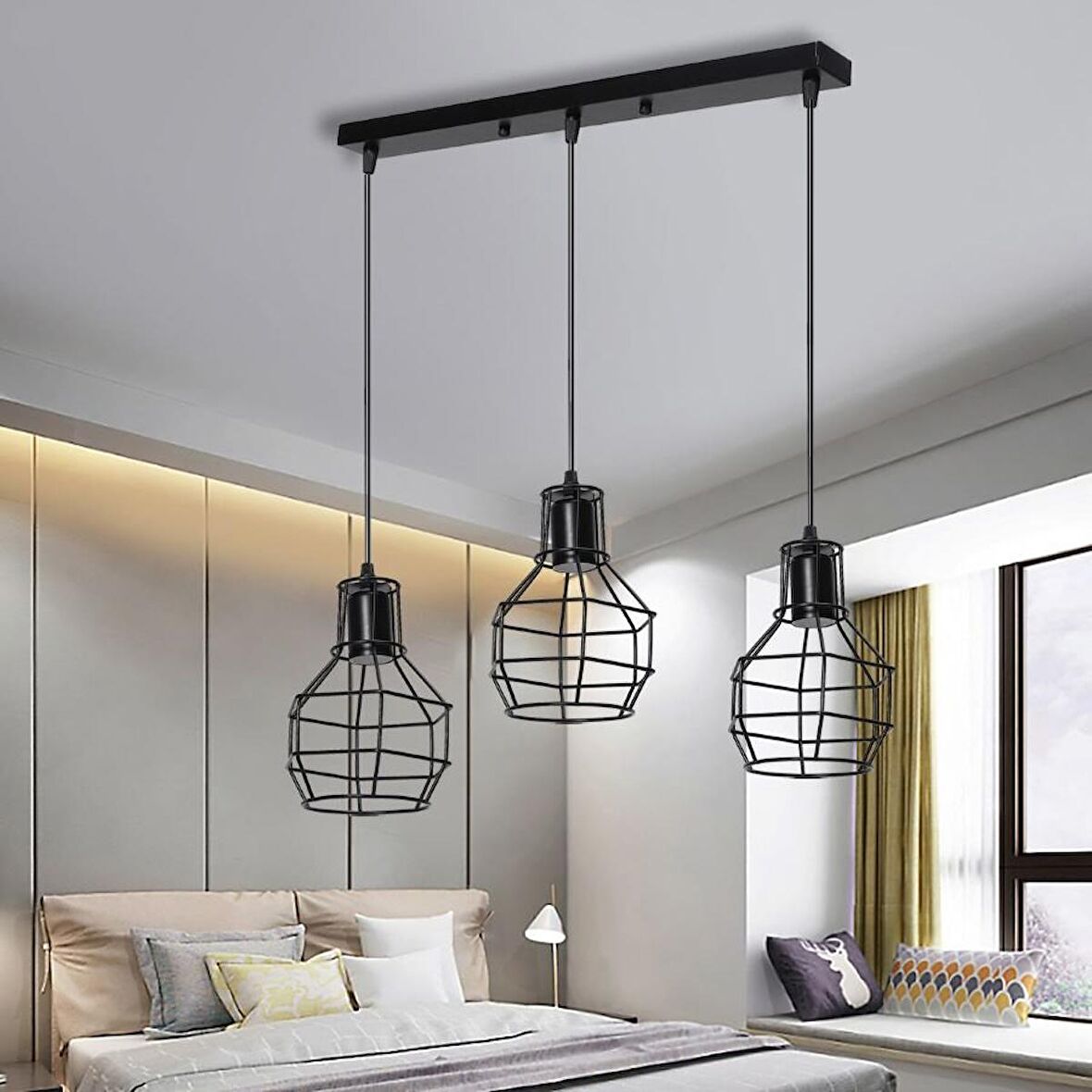 RİOLİGHT RETRO,RUSTİK,VİNTAGE MASA ÜSTÜ SİYAH 3XE27 DUYLU KAFES METAL SARKIT AVİZE UZUNLUK:60CM