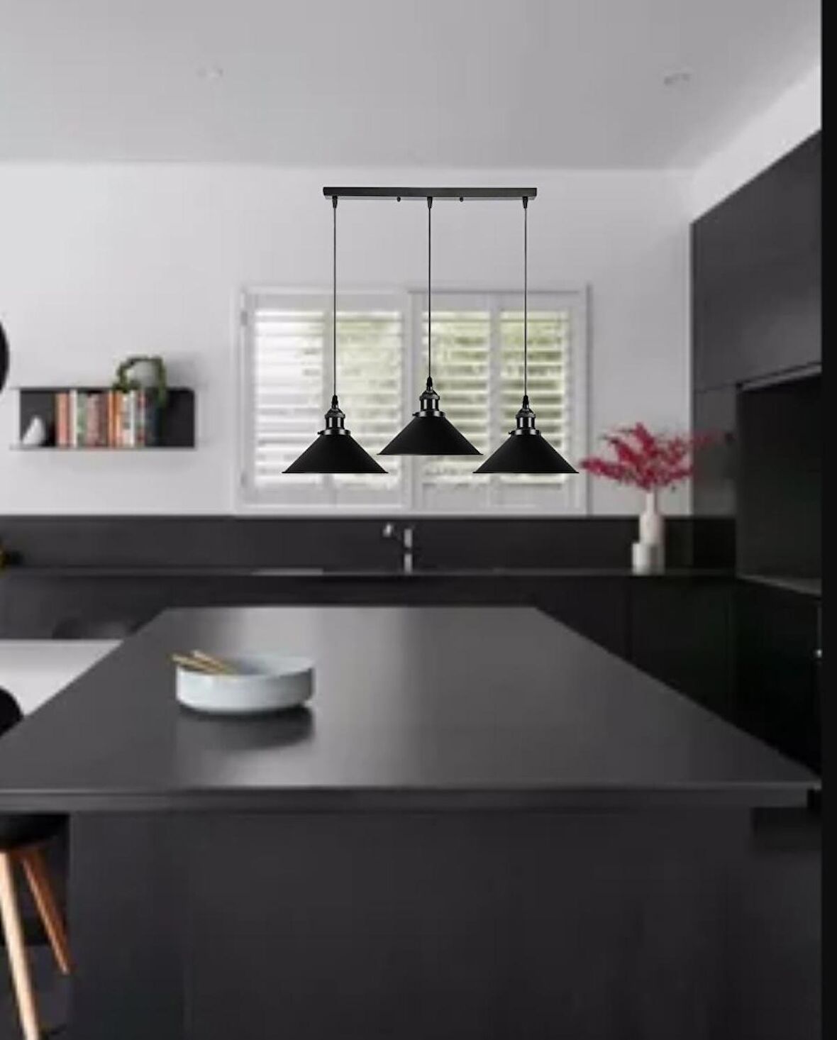 RİOLİGHT VİNTAGE12,RETRO,RUSTİK, MASA ÜSTÜ SİYAH 3XE27 DUYLU METAL SARKIT AVİZE UZUNLUK:60CM