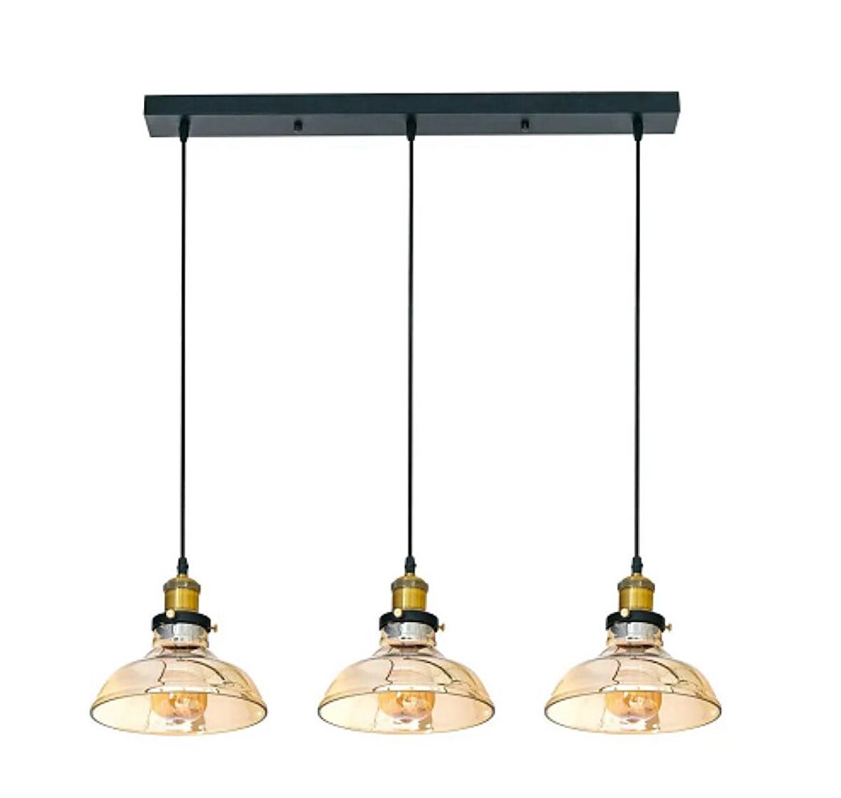 RİOLİGHT VİNTAGE,RETRO,RUSTİK BAL CAMLI 3XE27 DUYLU SİYAH METAL GÖVDE MASA ÜSTÜ AVİZE UZUNLUK:60CM 
