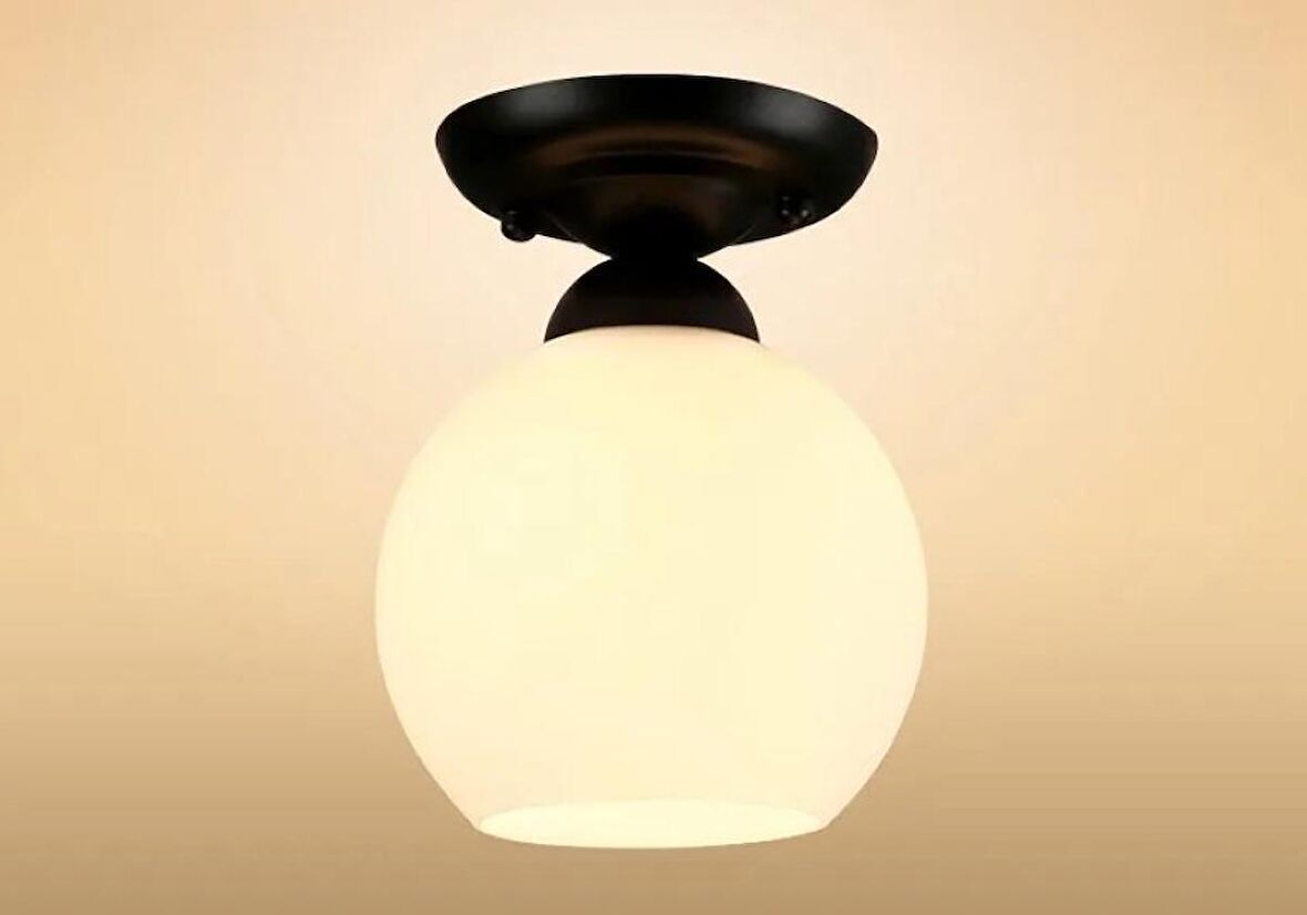 RİOLIGHT RUSTİK1,VİNTAGE HOL,ODA,KOLİDOR İÇİN OPAL CAMLI SİYAH METAL GÖVDE PLOFONYER AVİZE ÇAP:15CM