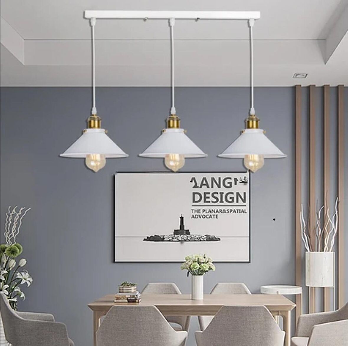 RİOLİGHT RETRO,RUSTİK,VİNTAGE BEYAZ 3XE27 SIRALI MASA ÜSTÜ SARKIT METAL AVİZE UZUNLUK:60CM