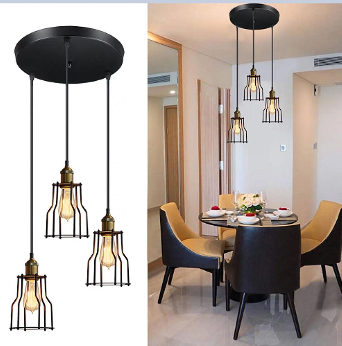 RİOLİGHT RETRO,VİNTAGE,RUSTİK 3XE27 DUYLU KAFES METAL SARKIT AVİZE ÇAP:30CM