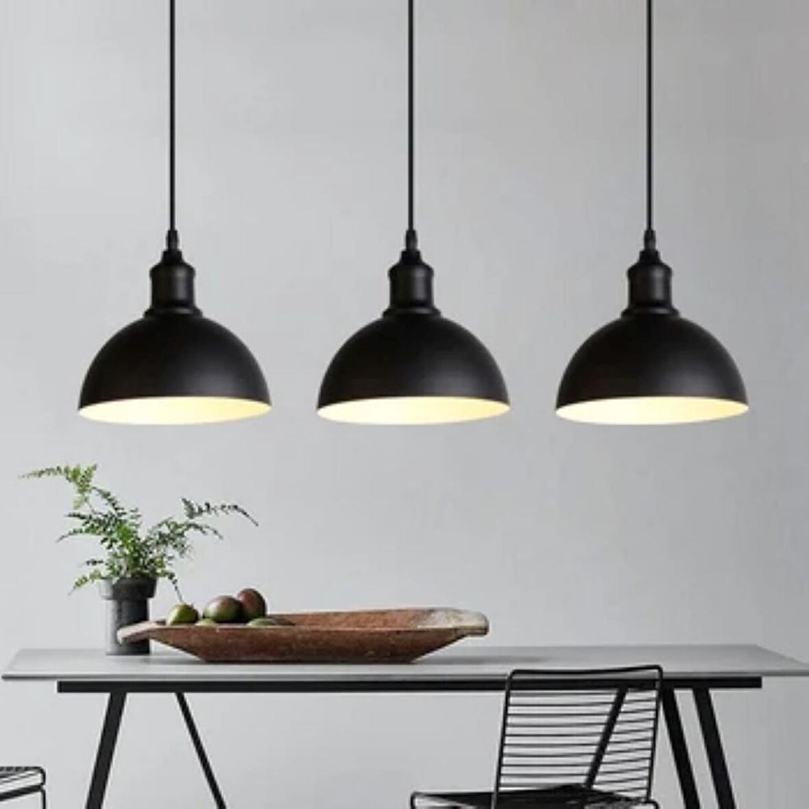 RİOLİGHT RUSTİK,VİNTAGE 3XE27 DUYLU SIRALI MASA ÜSTÜ SİYAH METAL SARKIT AVİZE TABAN ÇAPI:60CM