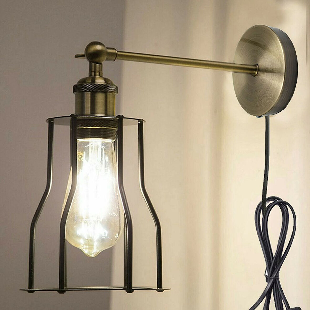 RİOLİGHT VİNTAGE2,RUSTİK2,RETRO2 ESKİTME 1XE27 DUYLU KAFES KABLOLU FİŞLİ ANAHTARLI METAL DUVAR APLİK