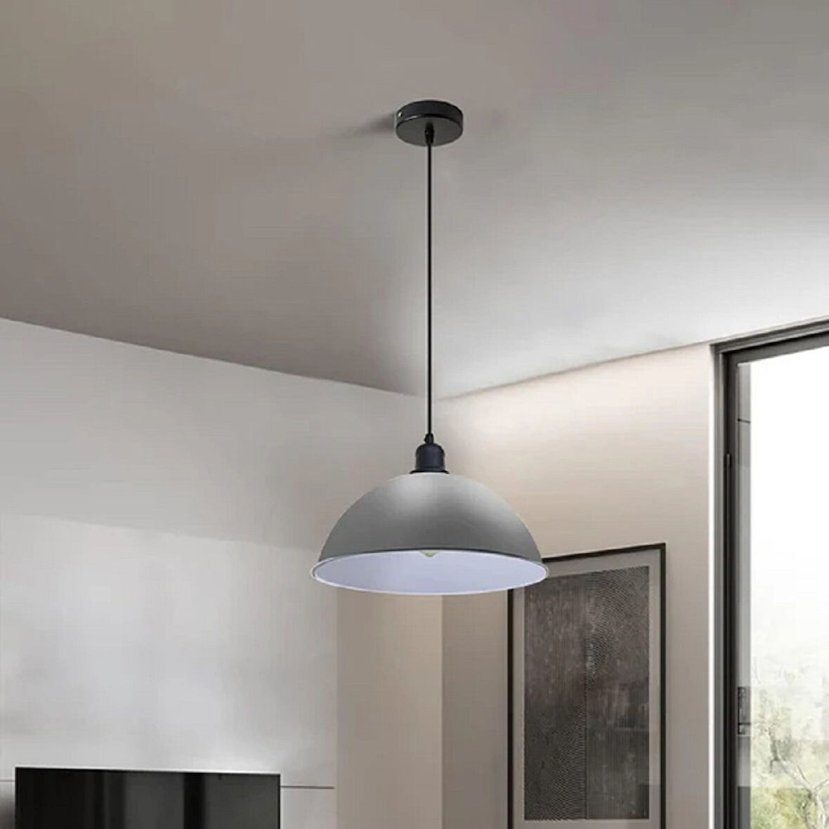 RİOLİGHT MODERN,VİNTAGE,RETRO,RUSTİK GRİ 1XE27 DUYLU METAL TEKLİ SARKIT AVİZE ÇAP:30CM