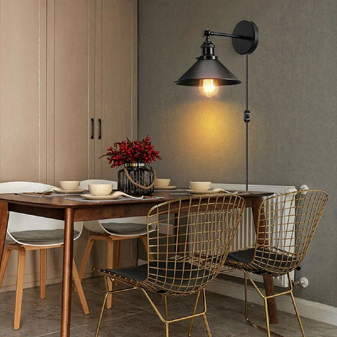 RİOLİGHT VİNTAGE,RETRO RUSTİK SİYAH METAL 1XE27 HAREKETLİ BAŞLIK FİŞLİ,KABLOLU APLİK ÇAP:23CM