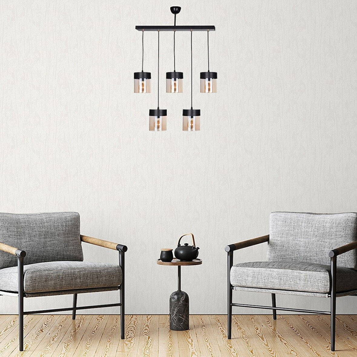 RİOLİGHT RETRO,RUSTİK,VİNTAGE 5XE27 DUYLU METAL GÖVDE CAMLI SIRALI SARKIT AVİZE UZUNLUK:60CM
