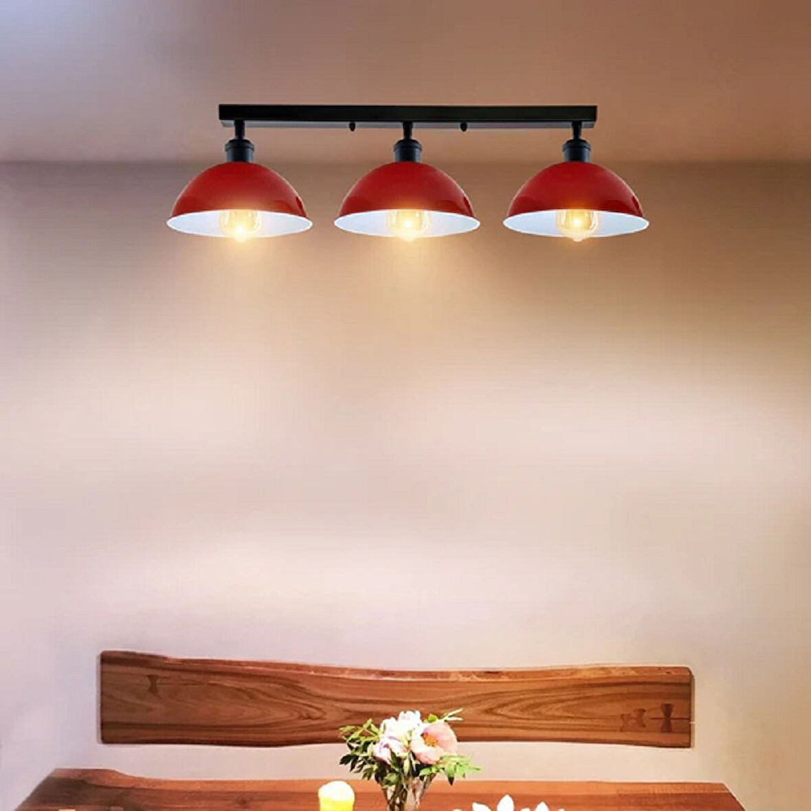 RİOLİHGT MODERN,VİNTAGE,RUSTİK KIRMIZI BAŞLIK 3XE27 METAL PLOFONYER SIRALI AVİZE TABAN UZUNLUK:60CM