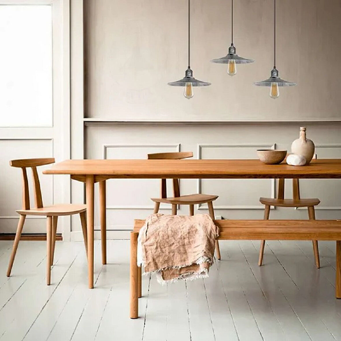 RİOLİGHT VİNTAGE,RETRO,RUSTİK GRİ,GÜMÜŞ FIRÇALI PATİNALI 3XE7 METAL MASA ÜSTÜ SARKIT AVİZE EN:60CM