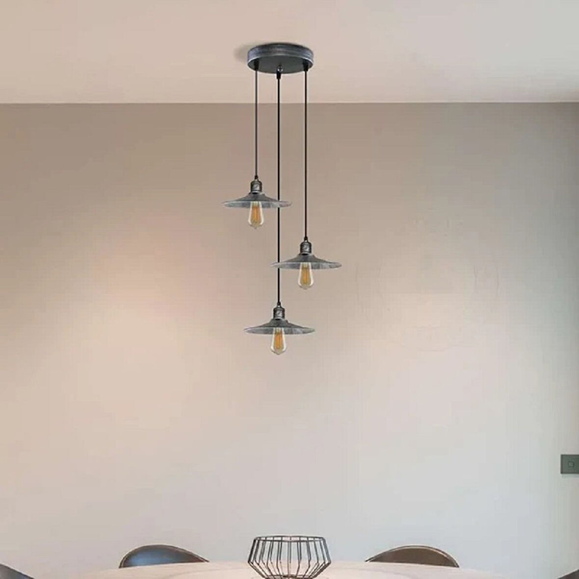 RİOLİGHT RUSTİK1,RETRO1,VİNTAGE1 GÜMÜŞ GRİ FIRÇALI PATİNE 3XE27 METAL SARKIT AVİZE TABAN ÇAPI:30CM