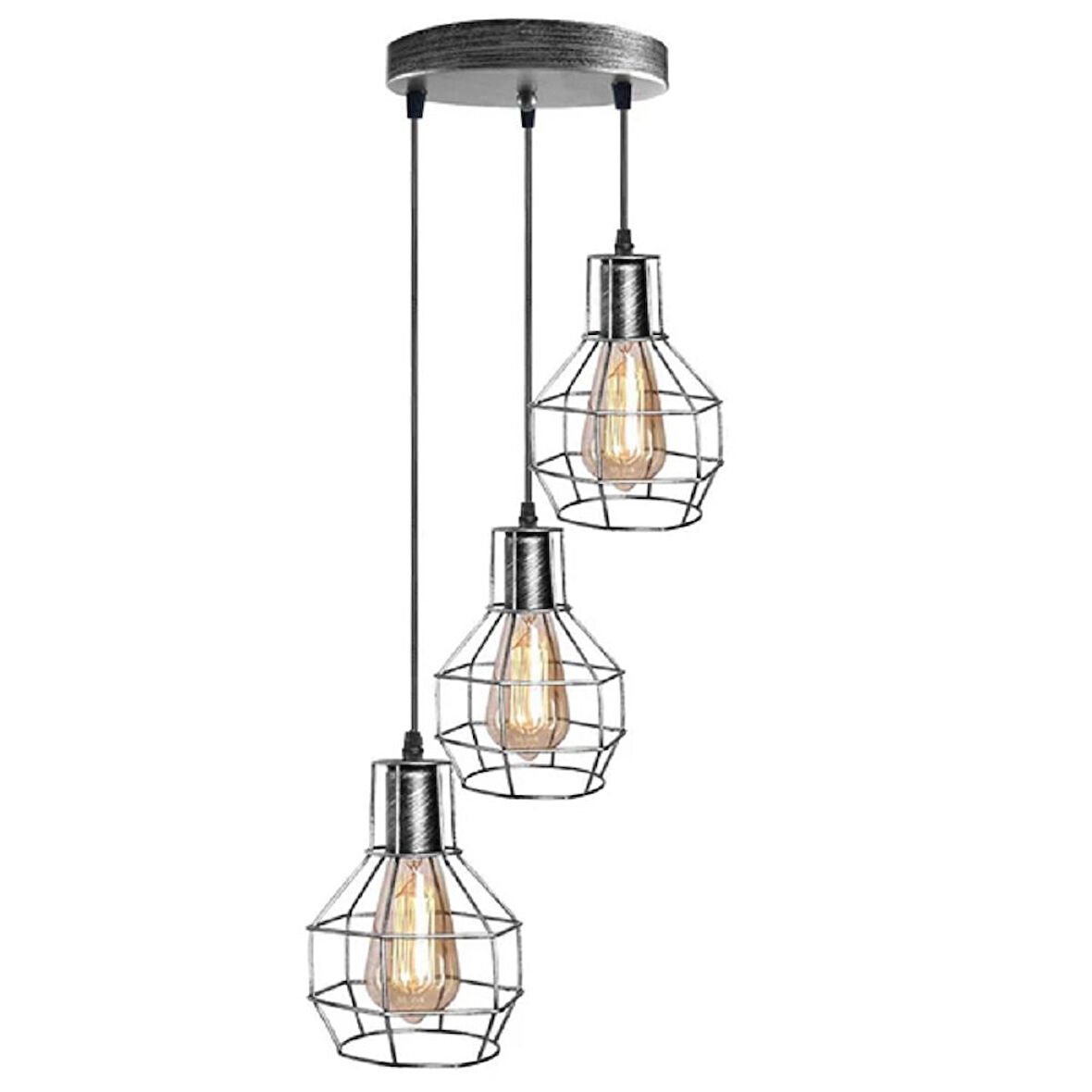 RİOLİGHT VİNTAGE,RETRO,RUSTİK GÜMÜŞ GRİ FIRÇALI PATİNE 3XE27 KAFES METAL SARKIT AVİZE TABAN ÇAP:30CM