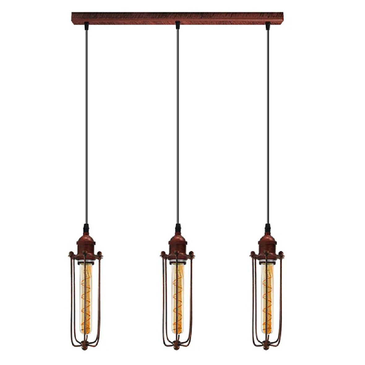 RİOLİGHT VİNTAGE,RETRO,RUSTİK BAKIR FIRÇALI PATİNE 3XE27 KAFES MASA ÜSTÜ SARKIT AVİZE UZUNLUK:60CM