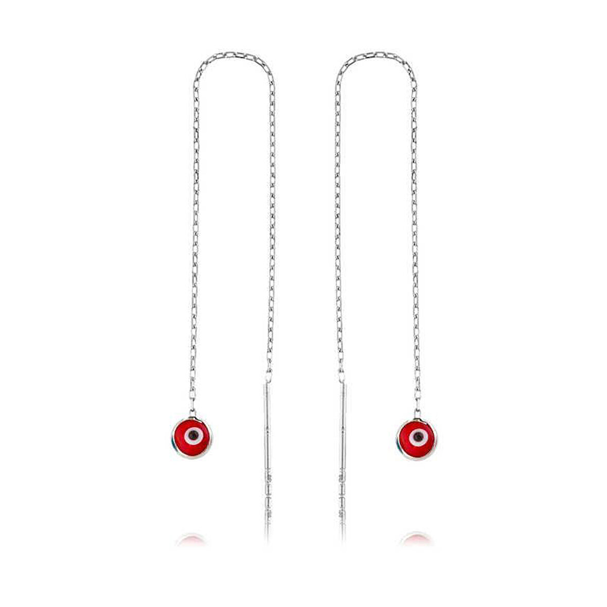 925 Ayar Gümüş Zincirli Kırmızı Nazar Küpe