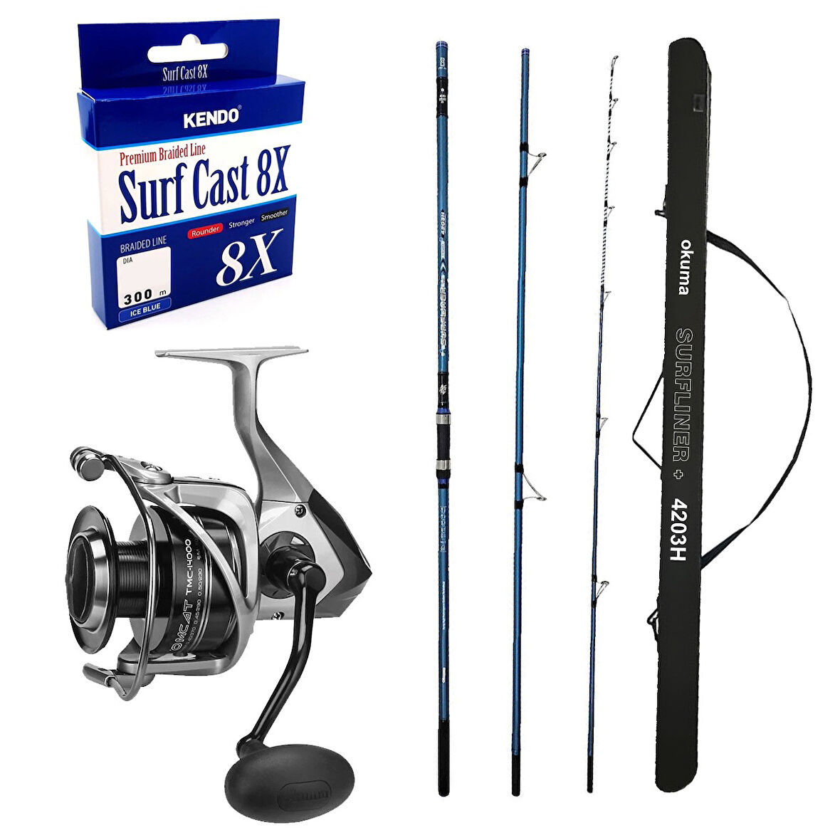 YekOutdoor Profesyonel Olta Seti Okuma Surfliner+ Surf 420cm 100-250gr 3 Parça Olta Kamışı&Okuma Tomcat TMC-8000 Olta Makinesi