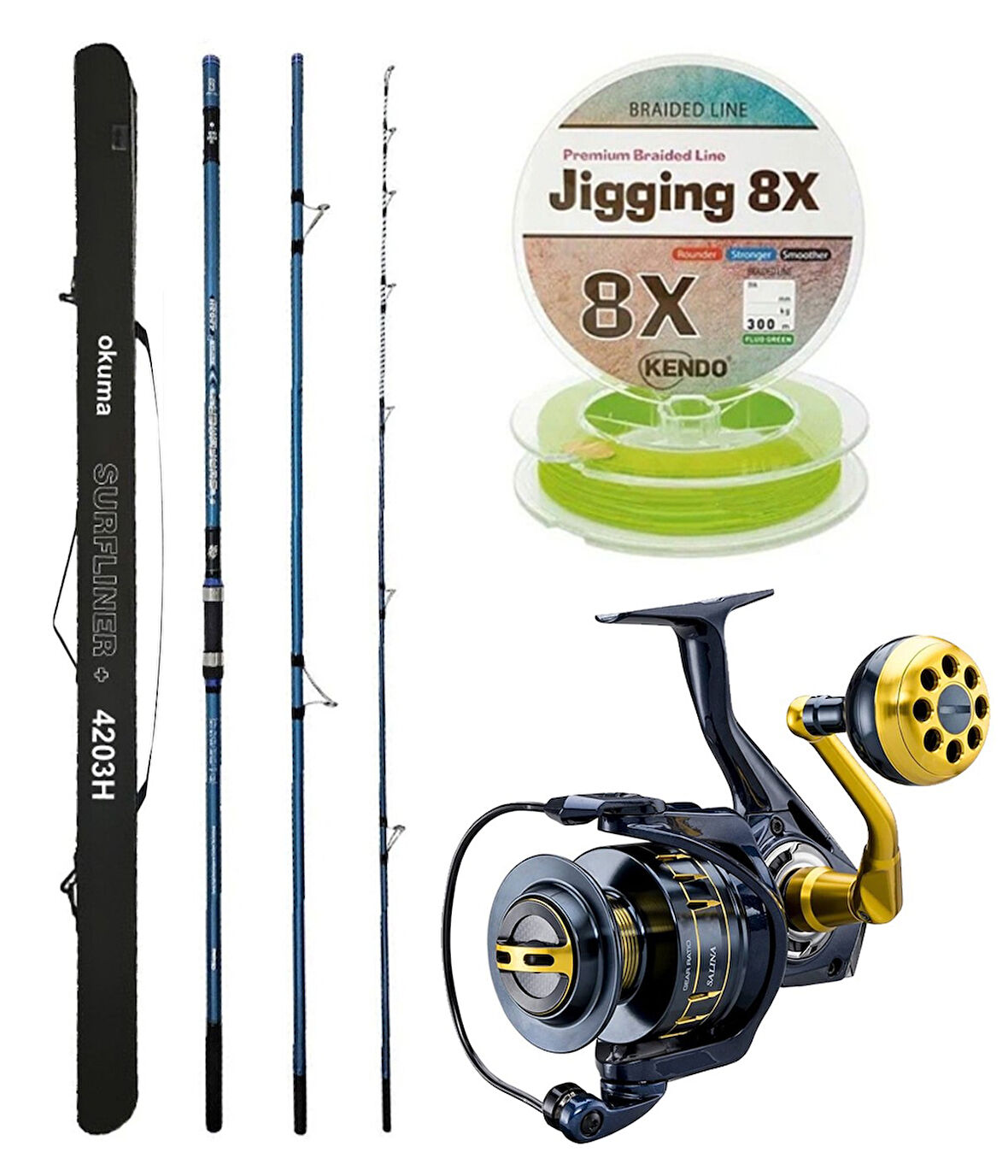 YekOutdoor Profesyonel Olta Seti Okuma Surfliner+ Surf 420cm 3 Parça Olta Kamışı&Okuma Salina SA-8000A Olta Makinesi