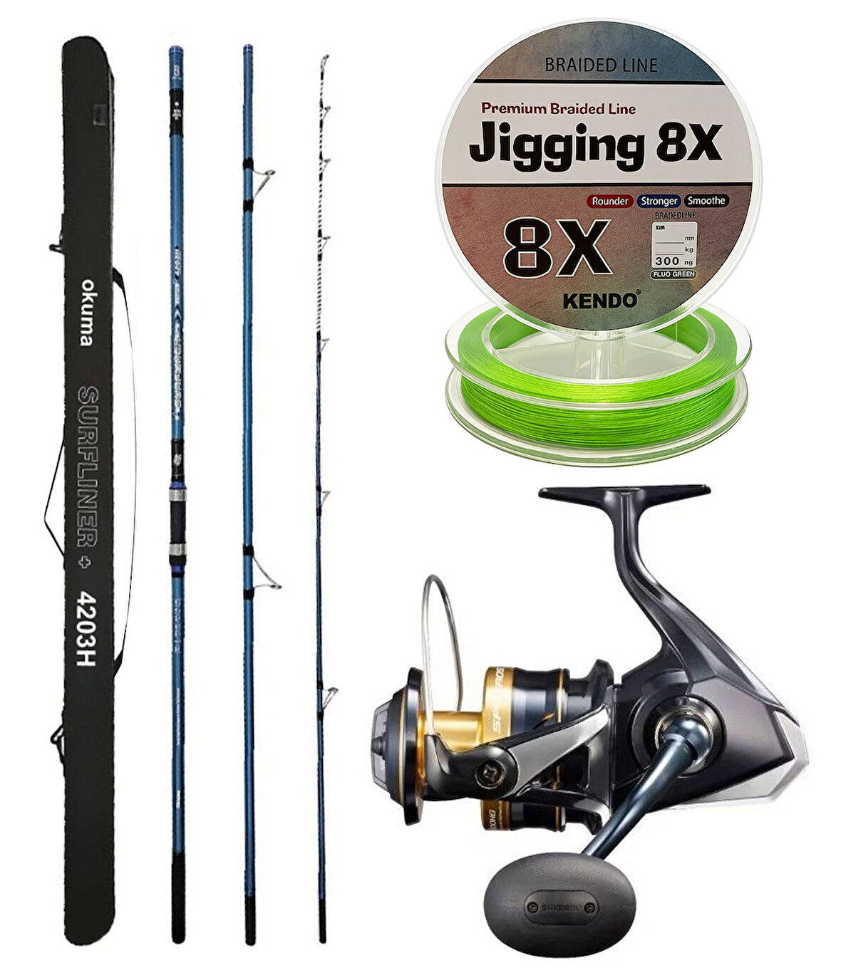 YekOutdoor Profesyonel Olta Seti Okuma Surfliner+ Surf 420cm 3 Parça Olta Kamışı&Shimano Makina Spheros 8000 SW A HG