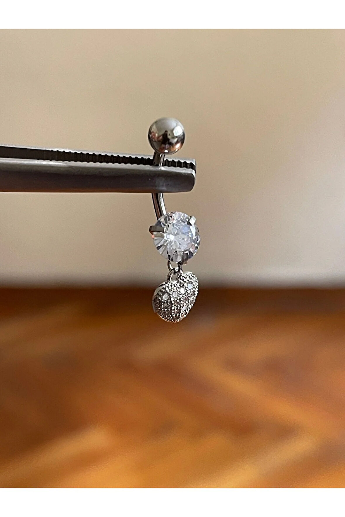 316 L Cerrahi Çelik Zirkon Taşlı Kalp Göbek Piercingİ Zirkon Taşlı Sallantılı Kalp Piercing