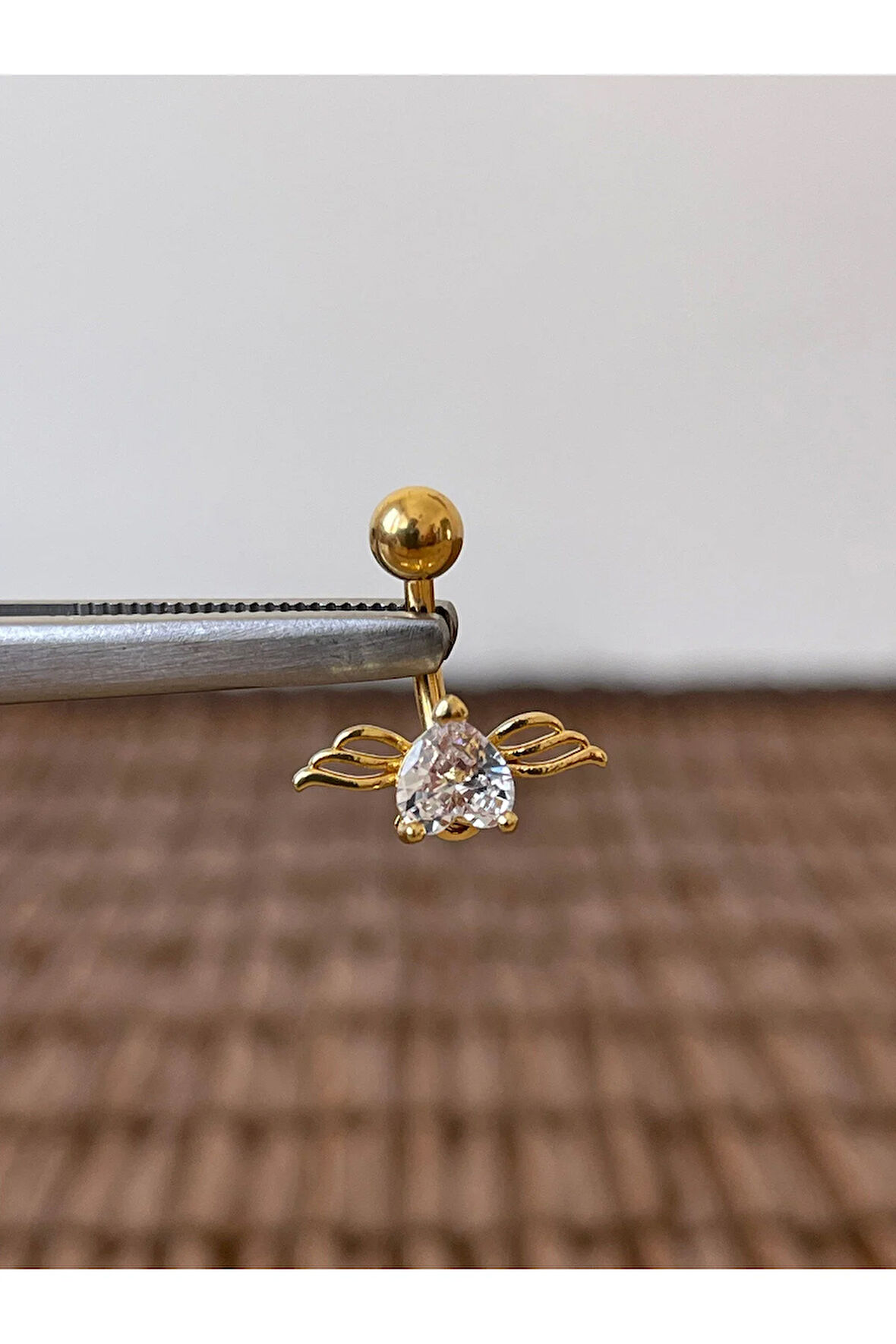 316 L Cerrahi Çelik Anti Alerjik 10 mm Zirkon Taşlı Melek Kanadı Göbek Piercingi