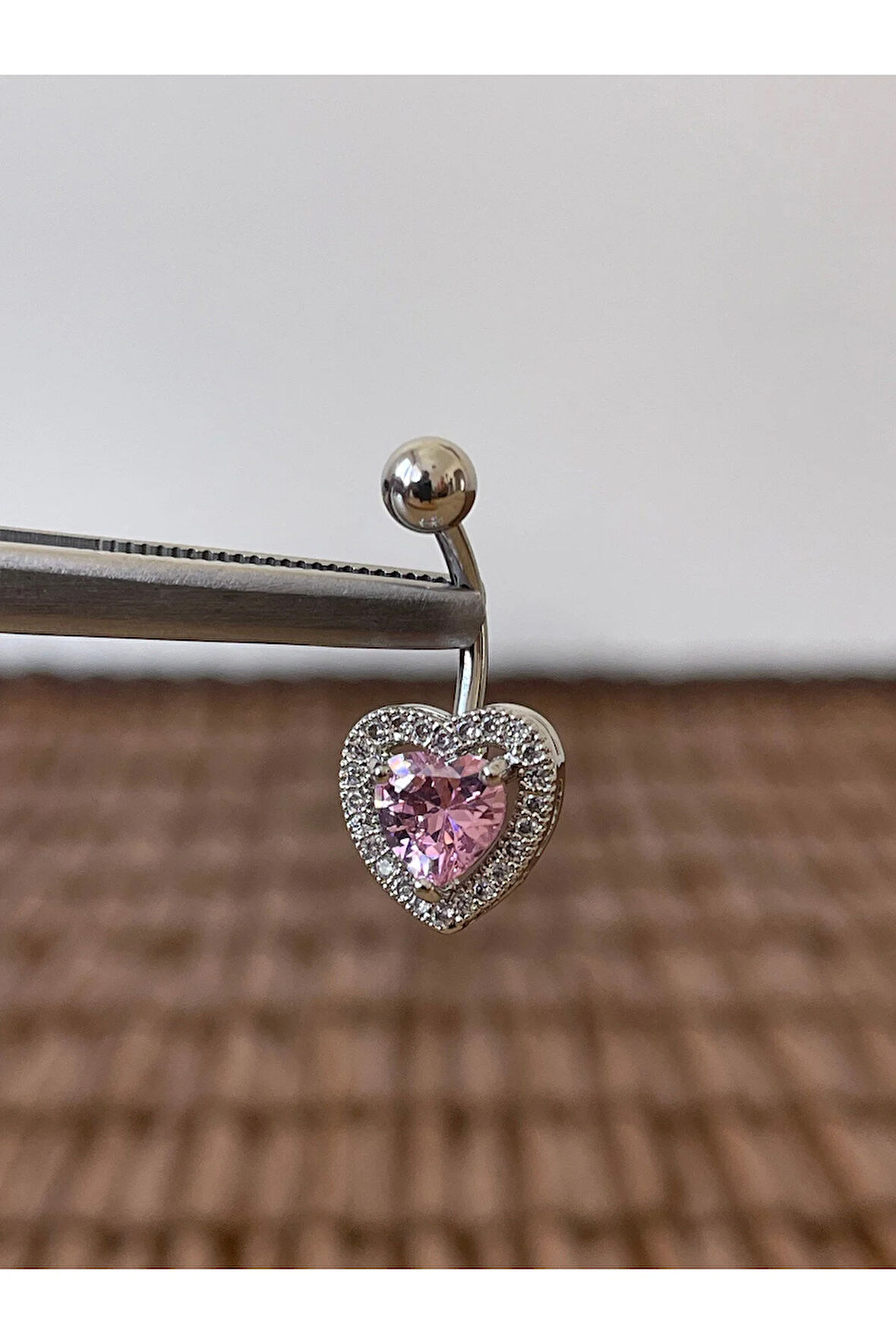 316 L Cerrahi Çelik Anti Alerjik 10 mm Pembe Baget Taşlı Kalp Model Göbek Piercingi