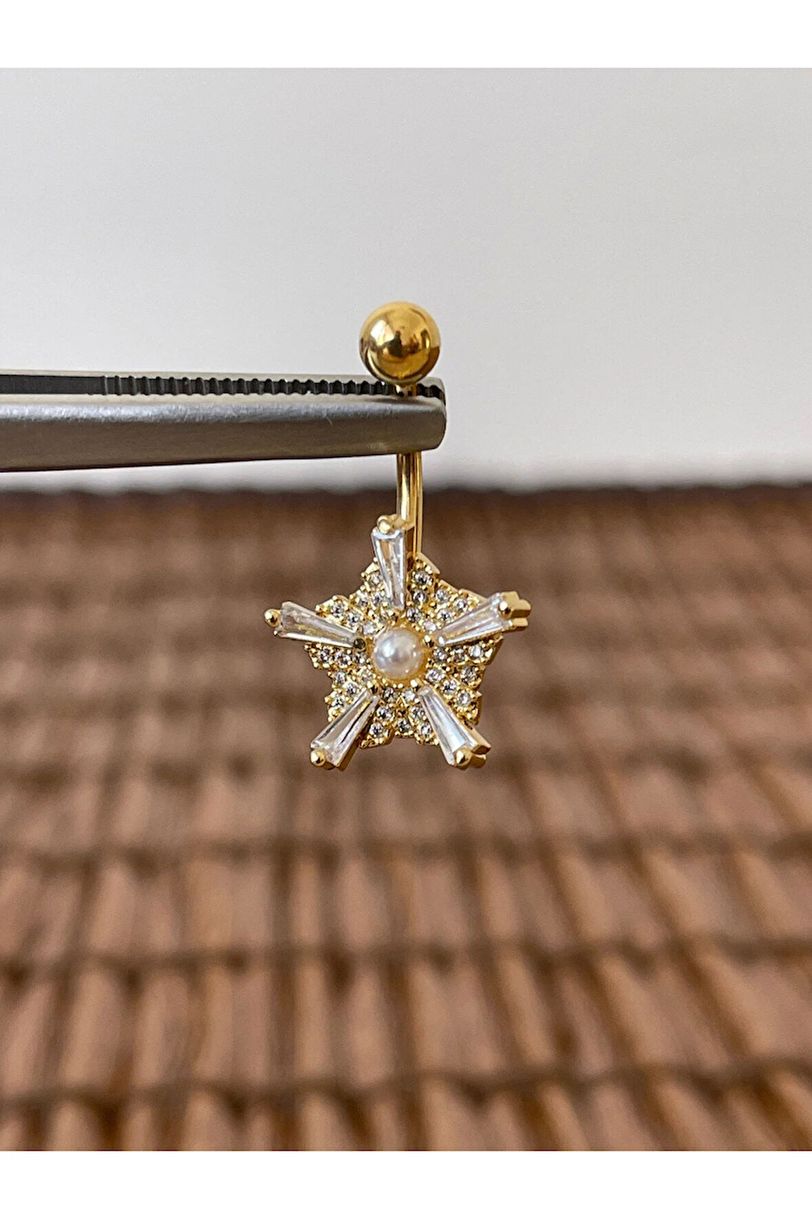 316 L Cerrahi Çelik Anti Alerjik 10 mm İncili Baget Taşlı Göbek Piercingi