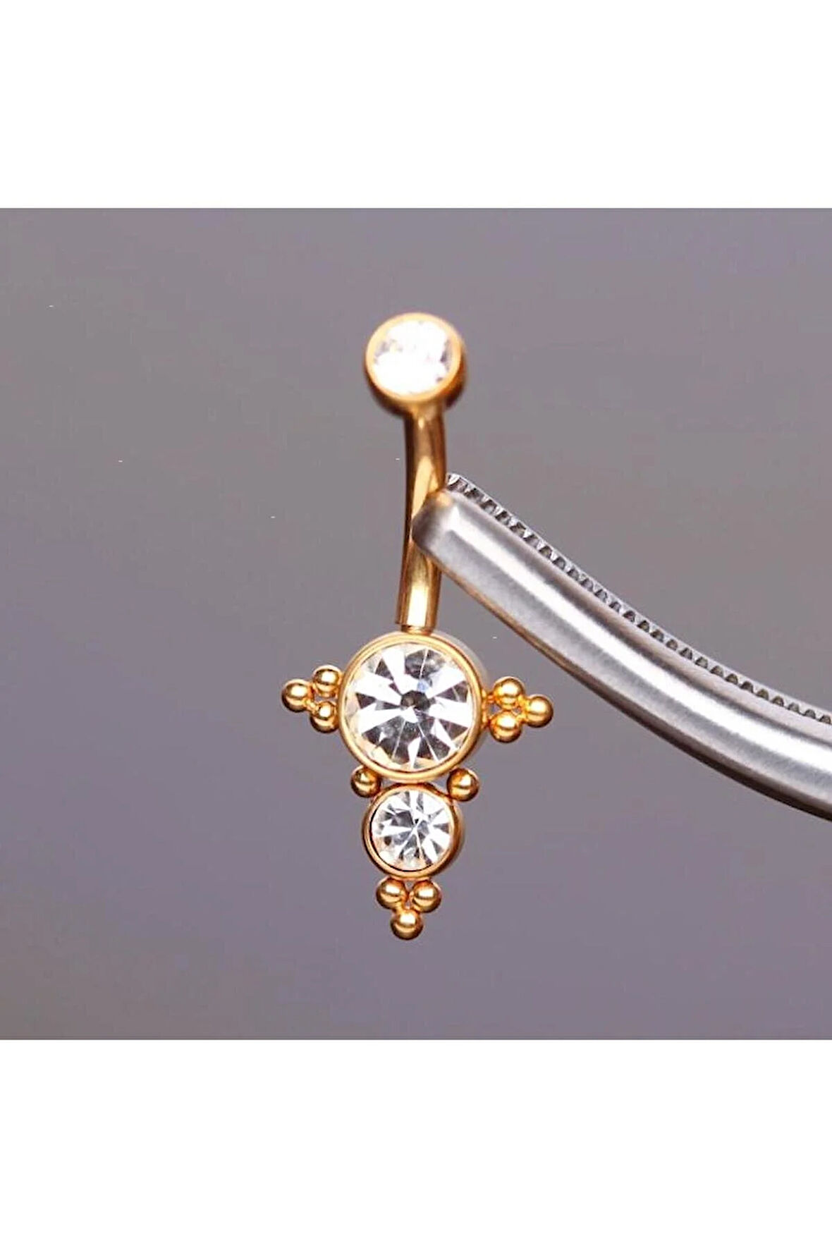 Üç Taş Gold Renk Ultraliğht 10 mm Titanyum Göbek Piercingi