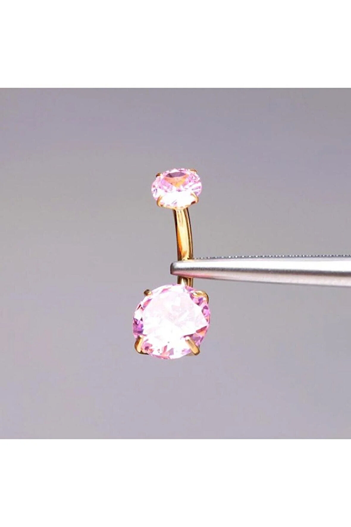 Çift Taş Pembe Renk Ultraliğht 10 mm Titanyum Göbek Piercingi