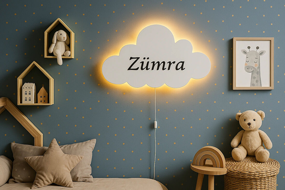 El Yapımı Bulut Figürlü (İsme özel), Duvar Lambası-Led-İpli Switch