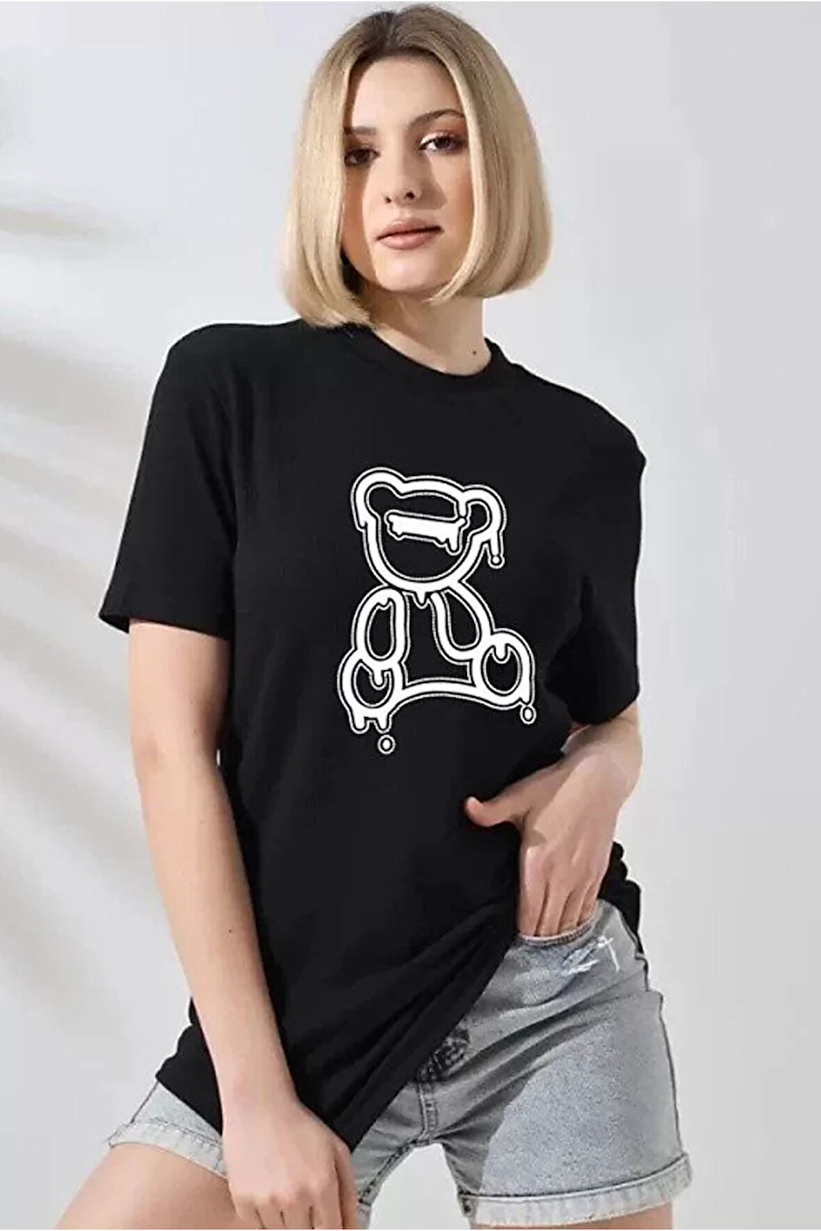 Unisex Bisiklet Yaka Baskılı T-Shirt - Siyah