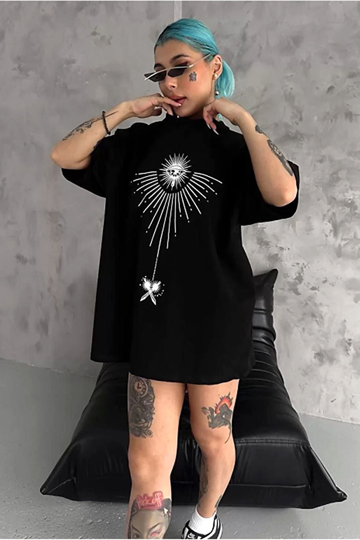 Unisex Bisiklet Yaka Baskılı Oversize T-Shirt - Siyah