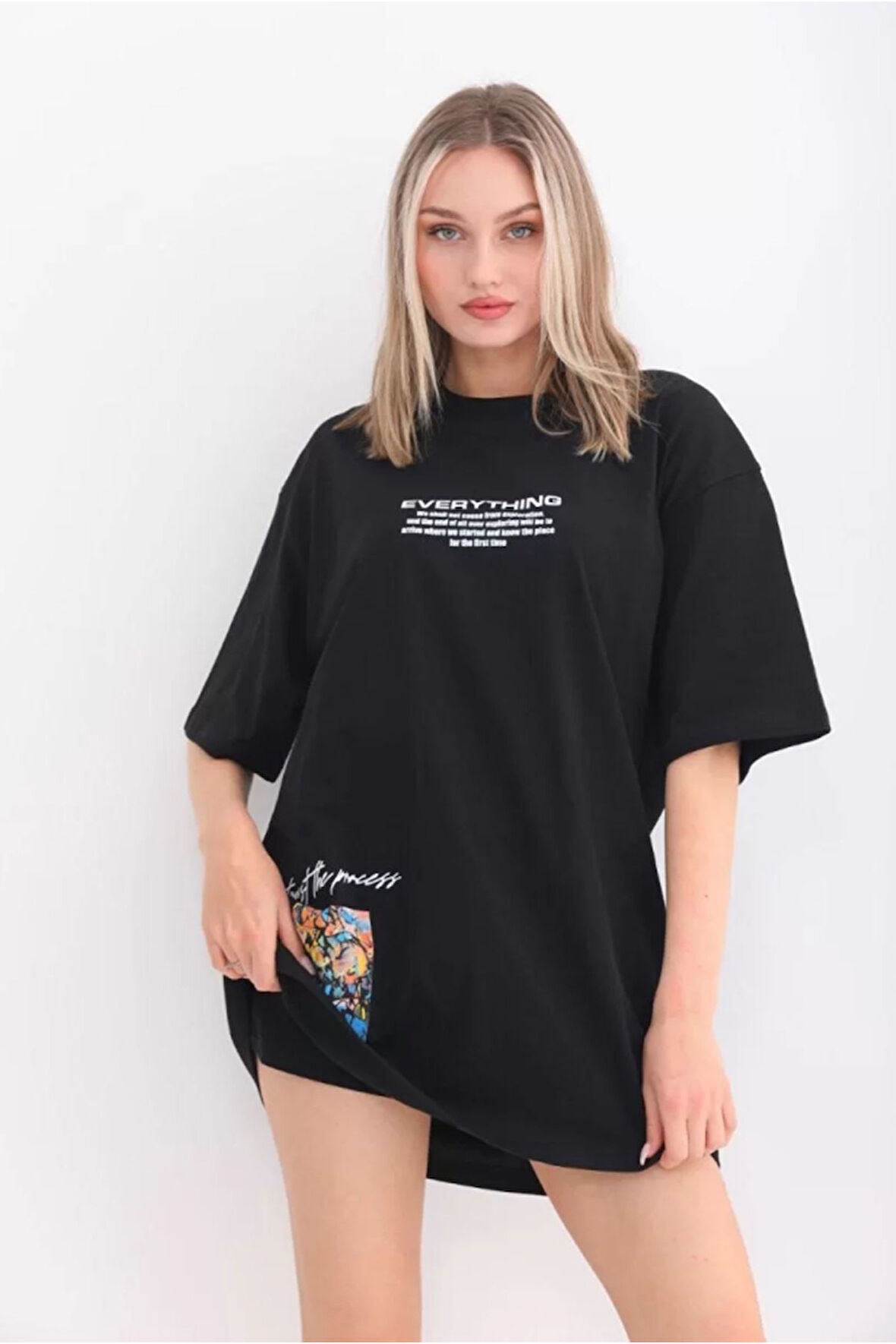 Unisex Bisiklet Yaka Baskılı Oversize T-Shirt - Siyah