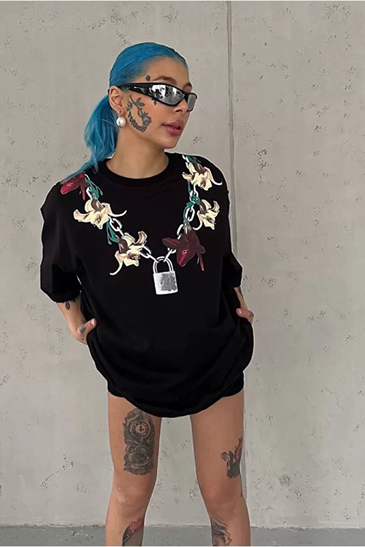 Unisex Bisiklet Yaka Baskılı Oversize T-Shirt - Siyah