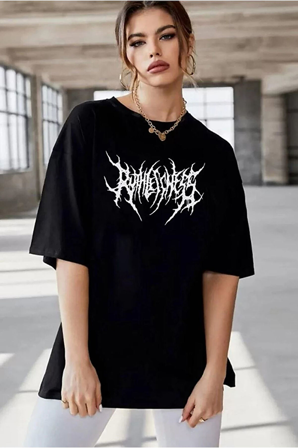 Unisex Bisiklet Yaka Baskılı Oversize T-Shirt - Siyah