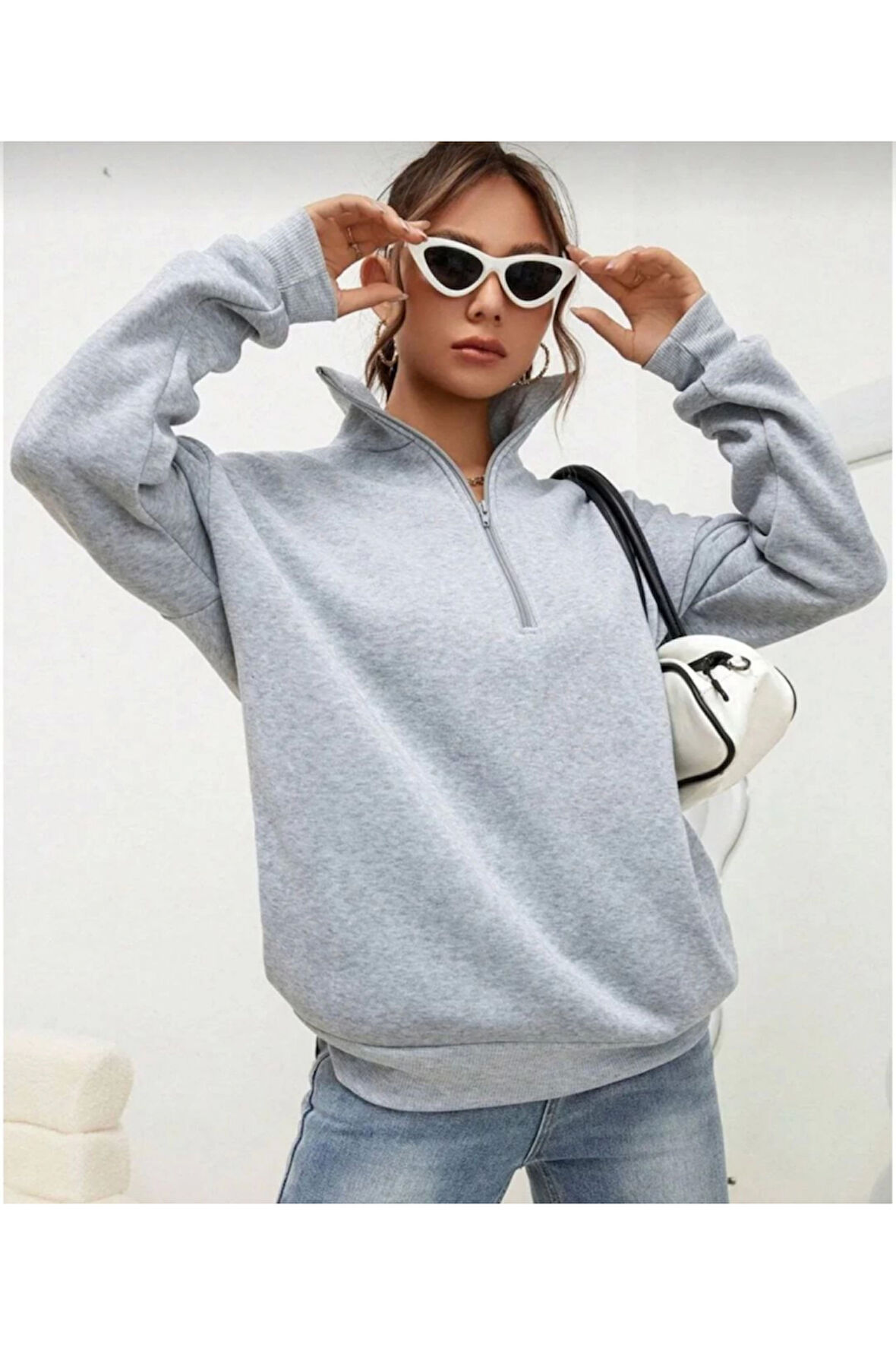 Unisex Uzun Kol Yarım Farmuarlı Yakalı Basic SweatShirt - Gri