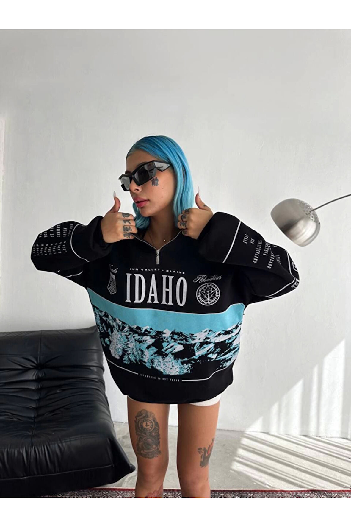 Yarım Fermuarlı Oversize Baskılı SweatShirt - Siyah