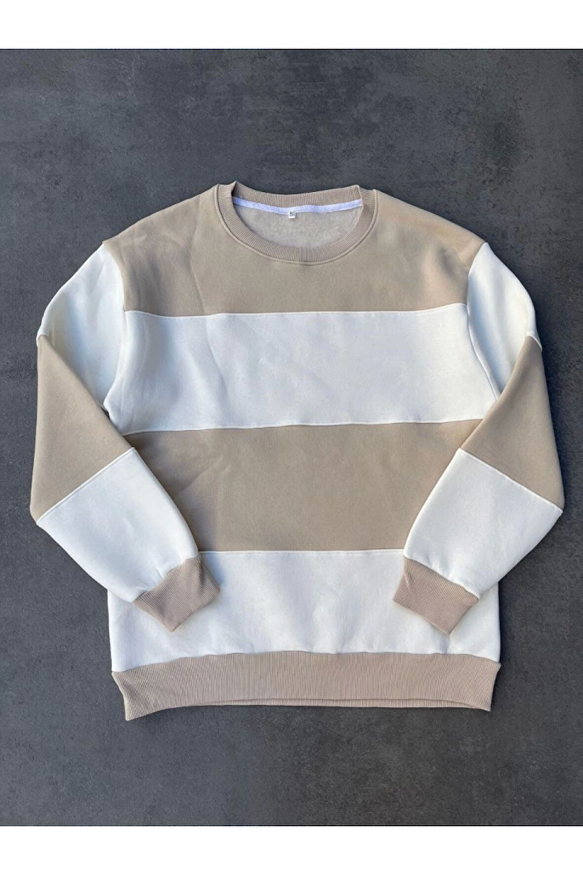 Parçalı Bisiklet Yaka Baskılı SweatShirt - Bej