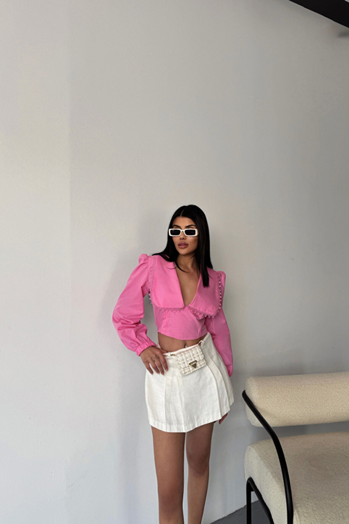 CROP POPLİN GÖMLEK YAKA KENAR DANTEL DETAYLI - Pembe