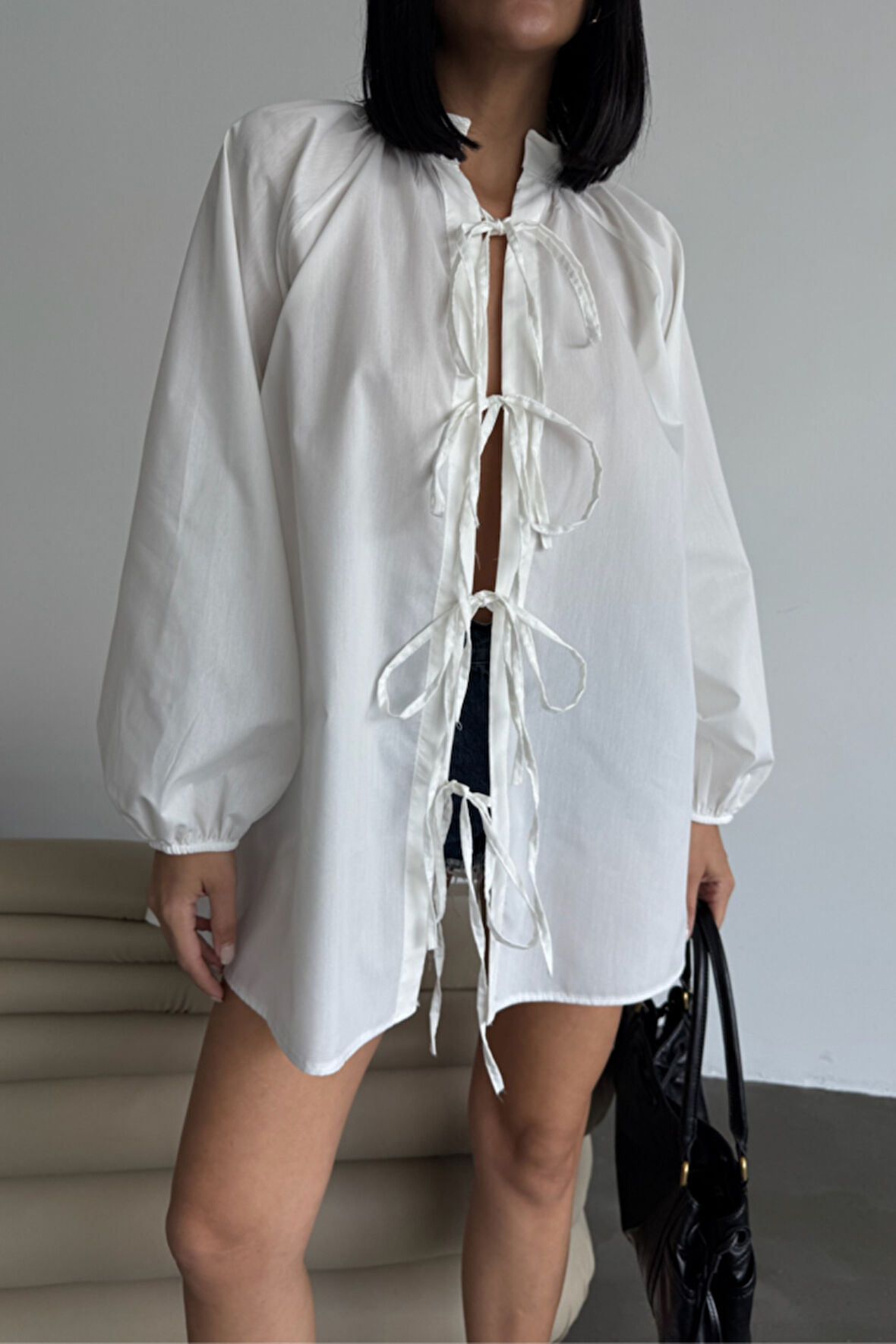 GÖMLEK POPLİN HAKİM YAKA ÖNDEN BAĞLAMA İP DETAYLI - Beyaz