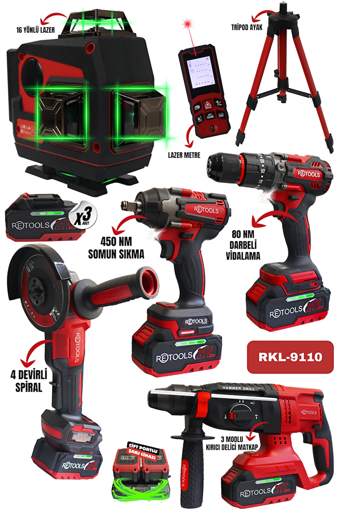 RETOOLS 6 LI SET KIRMIZI KABARTMALI (4 LÜ SET+16 YÖNLÜ KIRMIZI LAZER (HOPARLÖRLÜ)+ 70 M LAZER METRE)