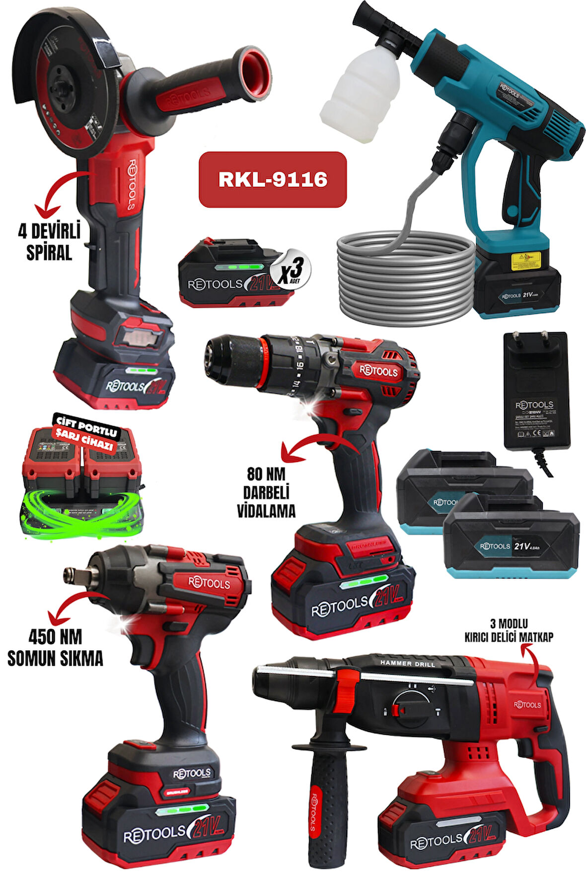 RETOOLS 5'Lİ SET KIRMIZI KABARTMALI (4 LÜ SET + DİJİTAL GÖSTERGELİ ARAÇ YIKAMA)