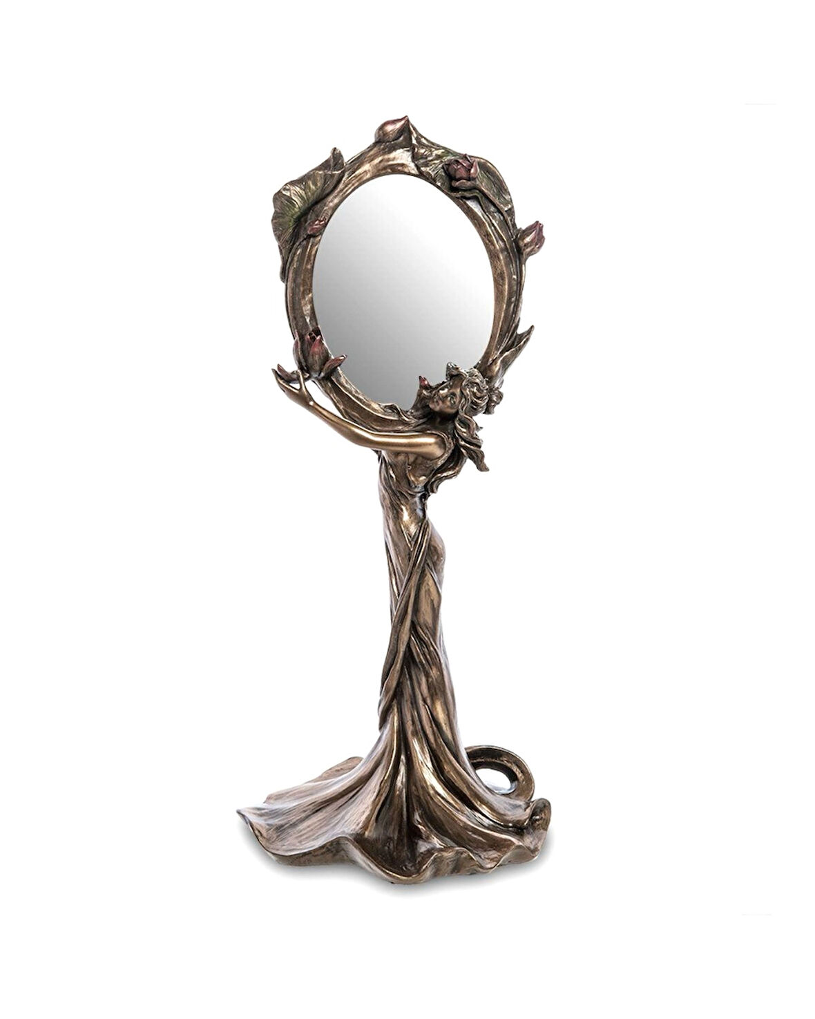 Art Nouveau Design Nilüfer Çiçekli Kadın Figürlü Masa Aynası